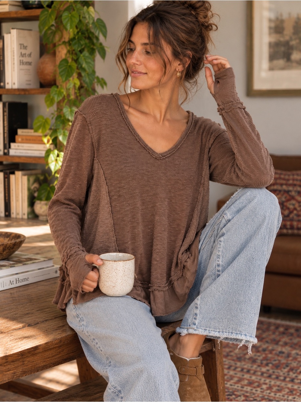 Dylan Thermal Waffle Knit Top M Brown Raw Edge Thumb Hole Boho Tunic